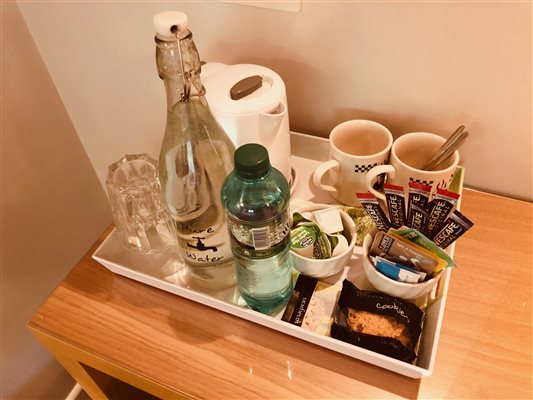Room 3 tray kettle water tea coffee biscuits